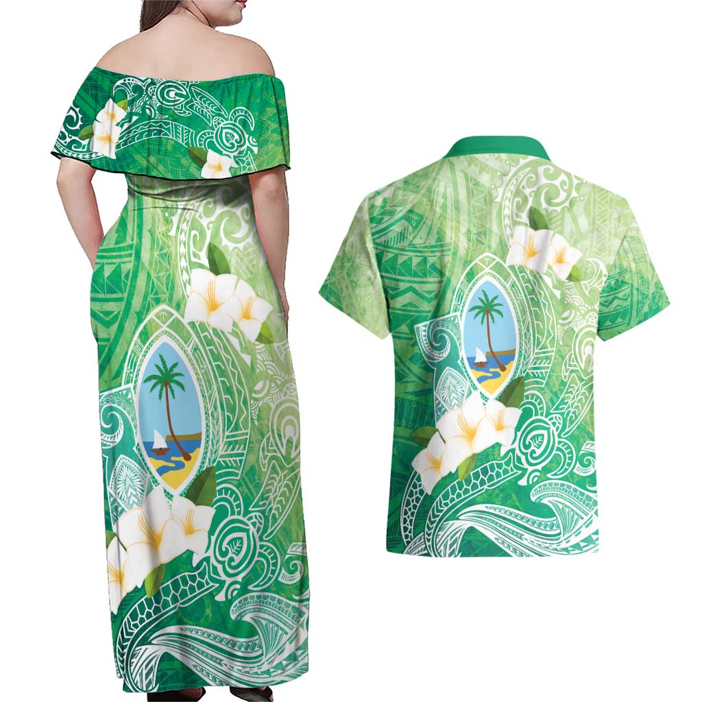 Hafa Adai Guam Chamorro Personalized Couples Matching Off Shoulder Maxi Dress and Hawaiian Shirt Summer Green Latte Stone with Guasali LT7 - Polynesian Pride