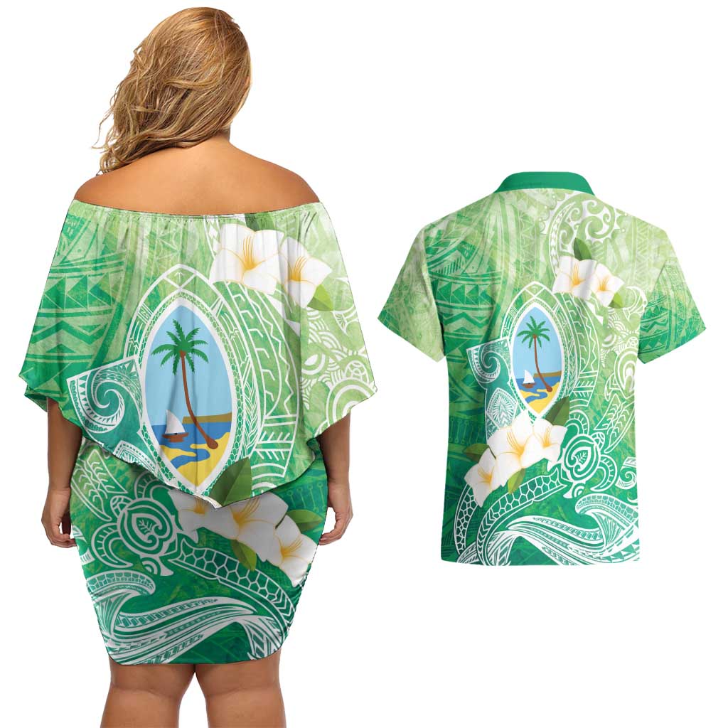 Hafa Adai Guam Chamorro Personalized Couples Matching Off Shoulder Short Dress and Hawaiian Shirt Summer Green Latte Stone with Guasali LT7 - Polynesian Pride