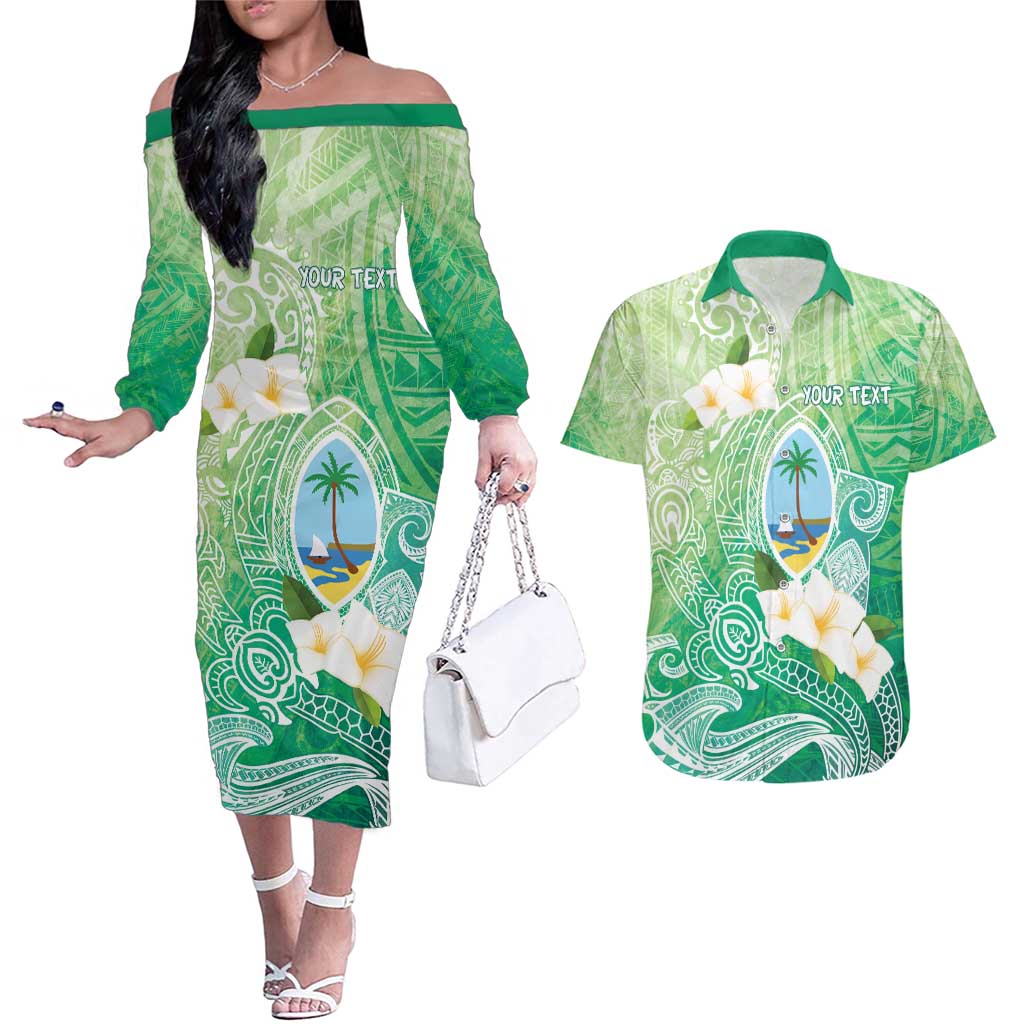Hafa Adai Guam Chamorro Personalized Couples Matching Off The Shoulder Long Sleeve Dress and Hawaiian Shirt Summer Green Latte Stone with Guasali LT7 Summer Green - Polynesian Pride