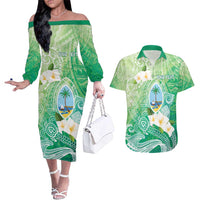 Hafa Adai Guam Chamorro Personalized Couples Matching Off The Shoulder Long Sleeve Dress and Hawaiian Shirt Summer Green Latte Stone with Guasali LT7 Summer Green - Polynesian Pride