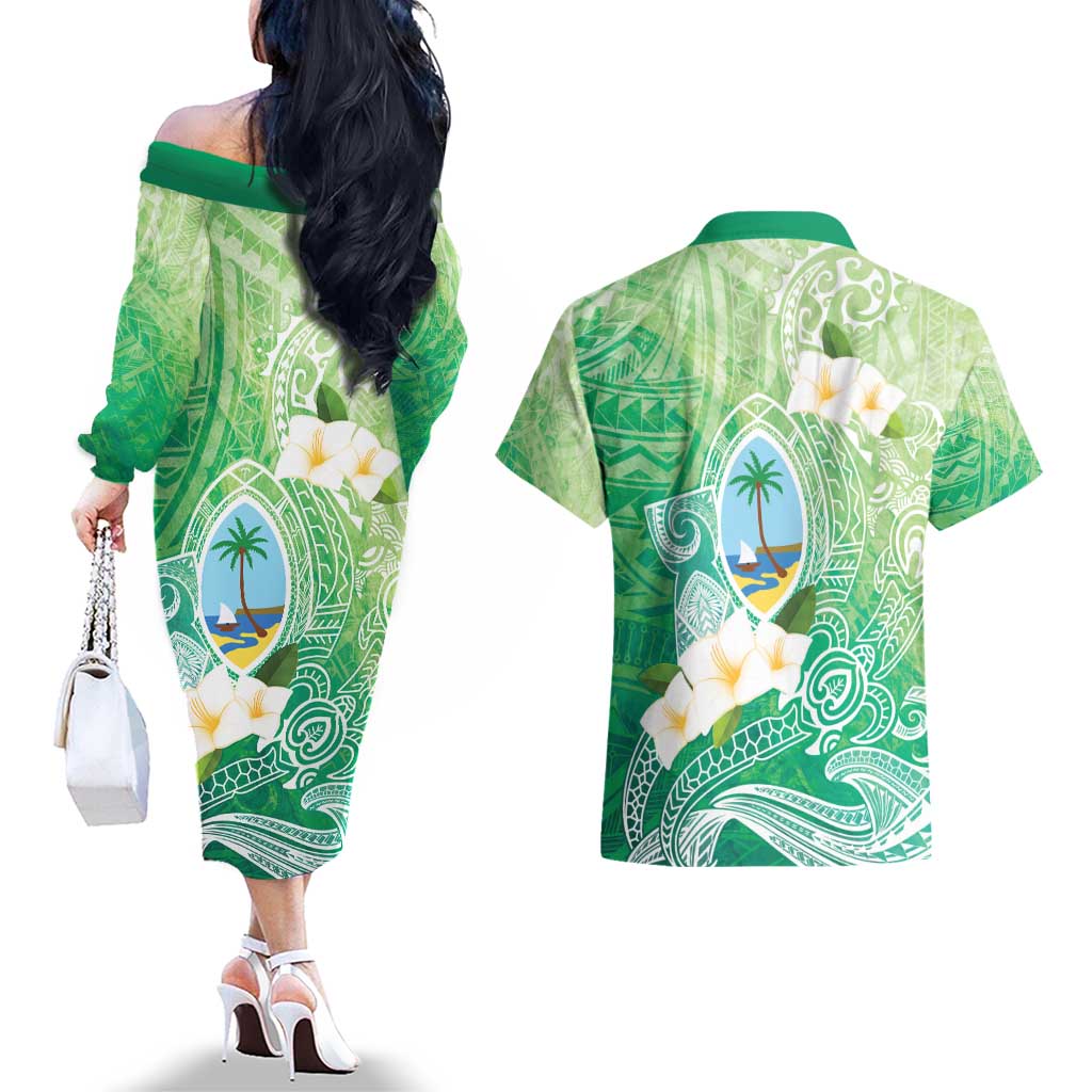 Hafa Adai Guam Chamorro Personalized Couples Matching Off The Shoulder Long Sleeve Dress and Hawaiian Shirt Summer Green Latte Stone with Guasali LT7 - Polynesian Pride