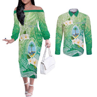 Hafa Adai Guam Chamorro Personalized Couples Matching Off The Shoulder Long Sleeve Dress and Long Sleeve Button Shirt Summer Green Latte Stone with Guasali LT7 Summer Green - Polynesian Pride