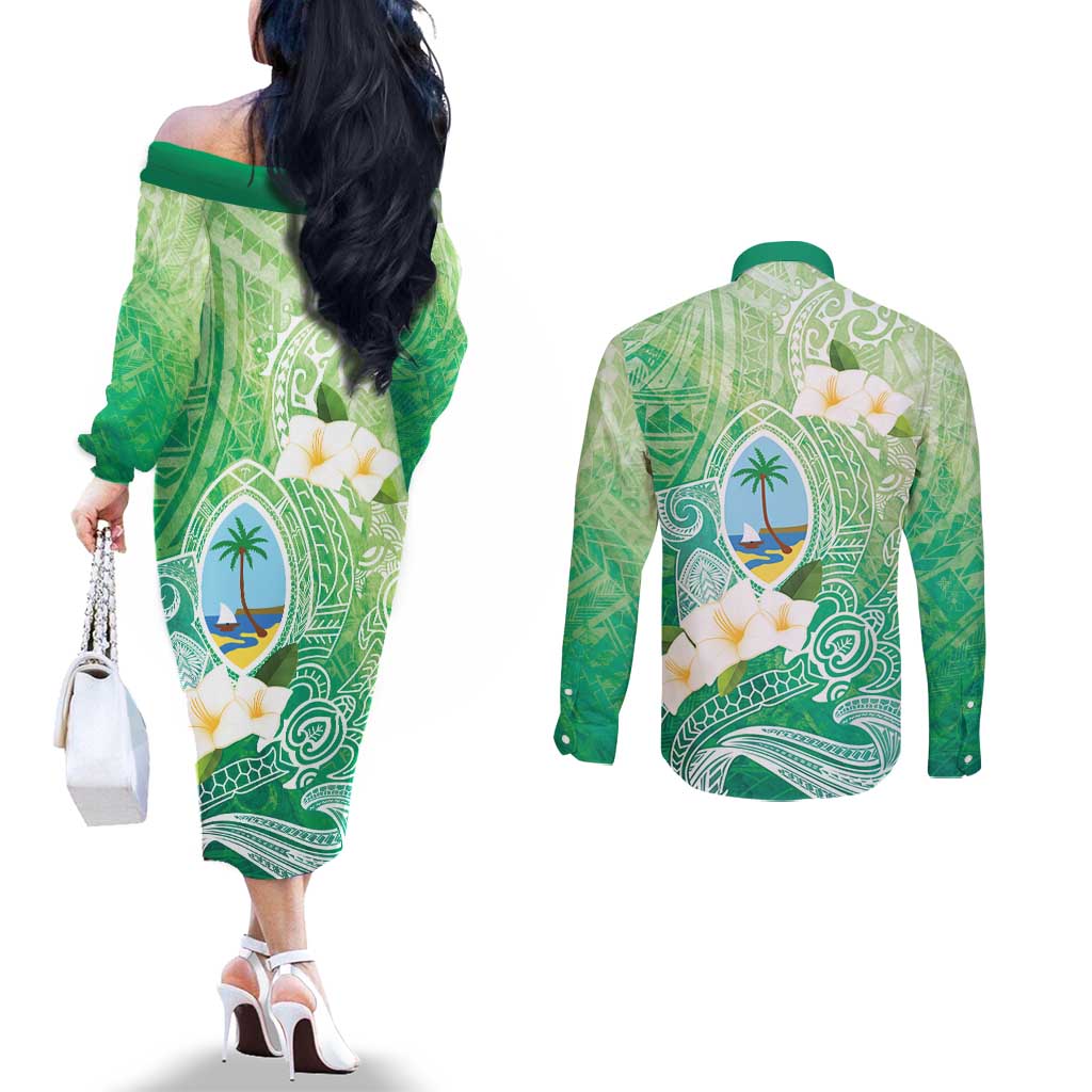Hafa Adai Guam Chamorro Personalized Couples Matching Off The Shoulder Long Sleeve Dress and Long Sleeve Button Shirt Summer Green Latte Stone with Guasali LT7 - Polynesian Pride