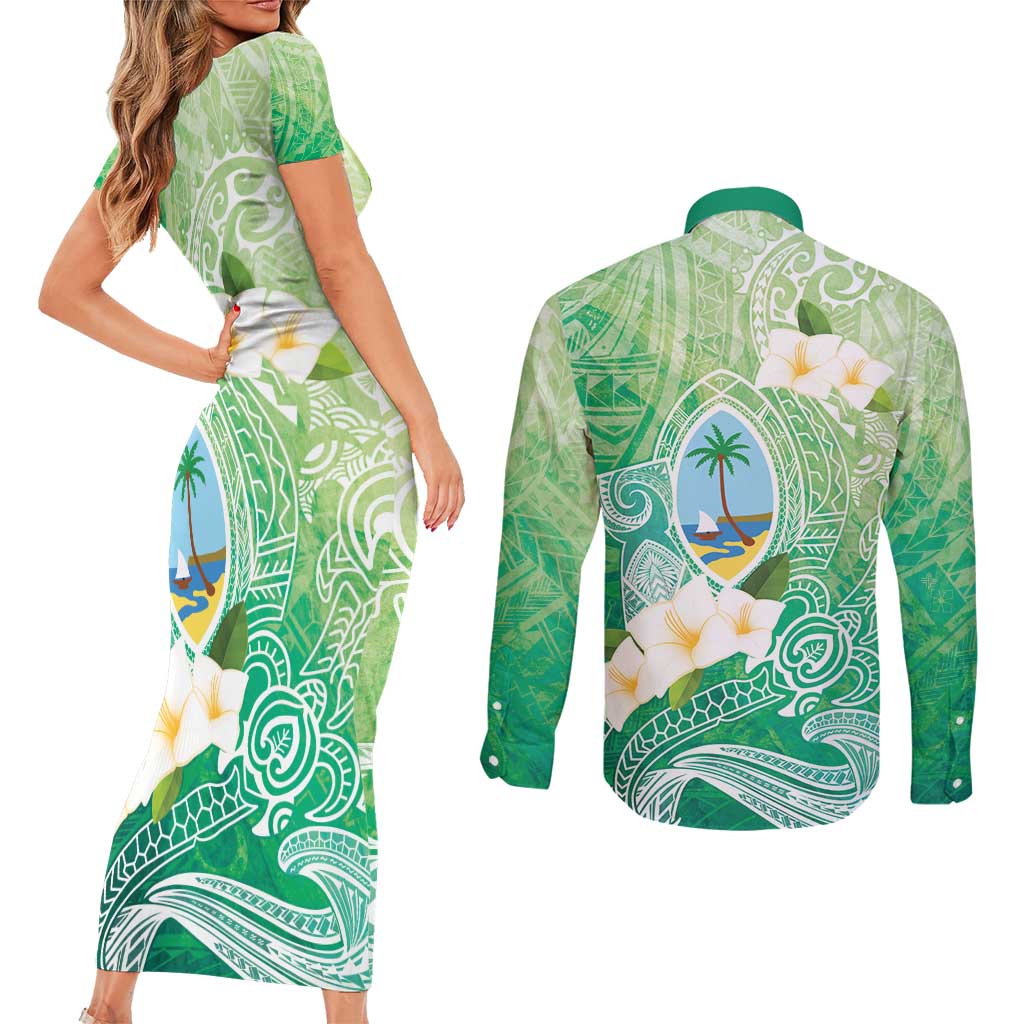 Hafa Adai Guam Chamorro Personalized Couples Matching Short Sleeve Bodycon Dress and Long Sleeve Button Shirt Summer Green Latte Stone with Guasali LT7 - Polynesian Pride