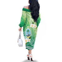 Hafa Adai Guam Chamorro Personalized Family Matching Off The Shoulder Long Sleeve Dress and Hawaiian Shirt Summer Green Latte Stone with Guasali LT7 - Polynesian Pride