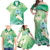Hafa Adai Guam Chamorro Personalized Family Matching Off Shoulder Maxi Dress and Hawaiian Shirt Summer Green Latte Stone with Guasali LT7 - Polynesian Pride