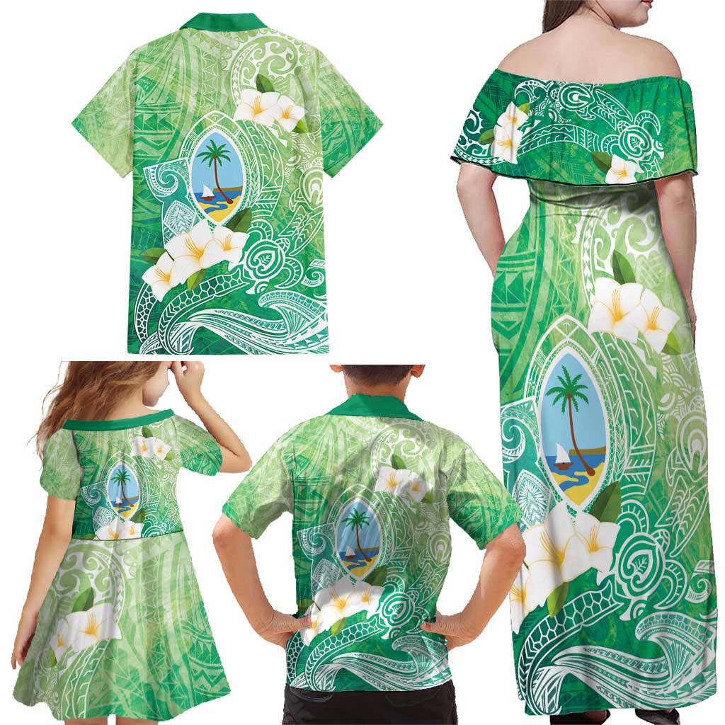 Hafa Adai Guam Chamorro Personalized Family Matching Off Shoulder Maxi Dress and Hawaiian Shirt Summer Green Latte Stone with Guasali LT7 - Polynesian Pride