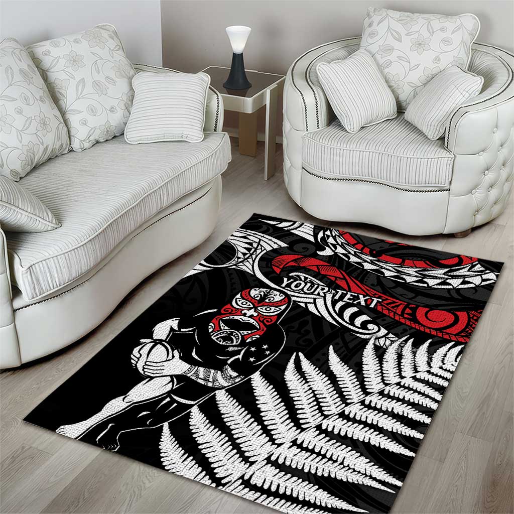 New Zealand Maori Rugby Personalised Area Rug Ta Moko Silver Fern