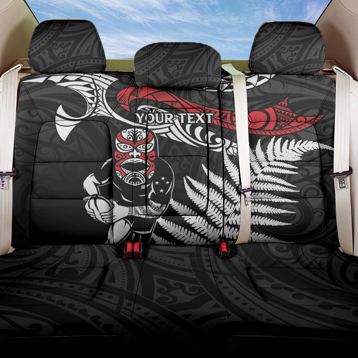 New Zealand Maori Rugby Personalised Back Car Seat Cover Ta Moko Silver Fern LT7 One Size Black - Polynesian Pride