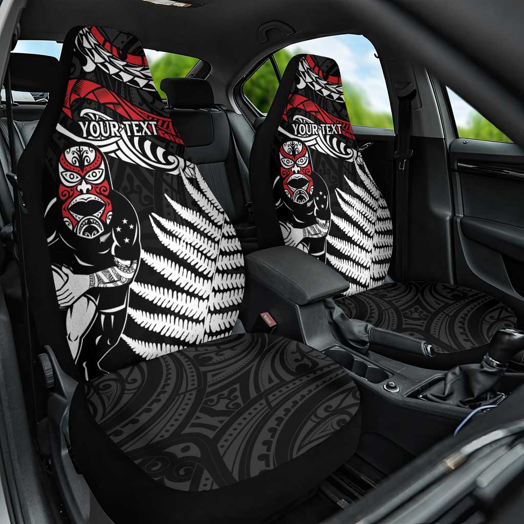 New Zealand Maori Rugby Personalised Car Seat Cover Ta Moko Silver Fern LT7 One Size Black - Polynesian Pride