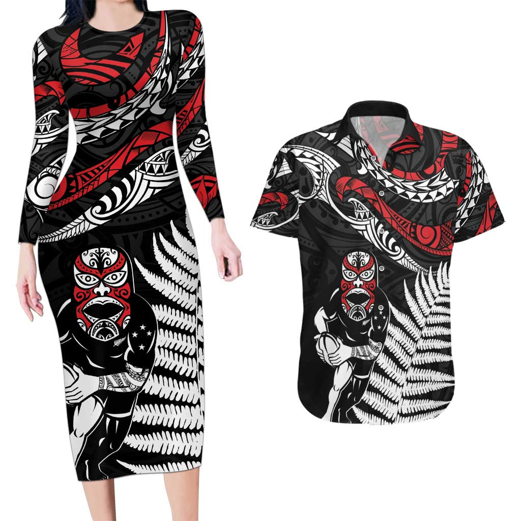 New Zealand Maori Rugby Personalised Couples Matching Long Sleeve Bodycon Dress and Hawaiian Shirt Ta Moko Silver Fern LT7 Black - Polynesian Pride