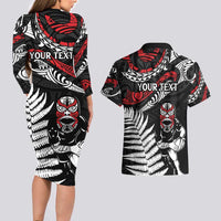 New Zealand Maori Rugby Personalised Couples Matching Long Sleeve Bodycon Dress and Hawaiian Shirt Ta Moko Silver Fern LT7 - Polynesian Pride