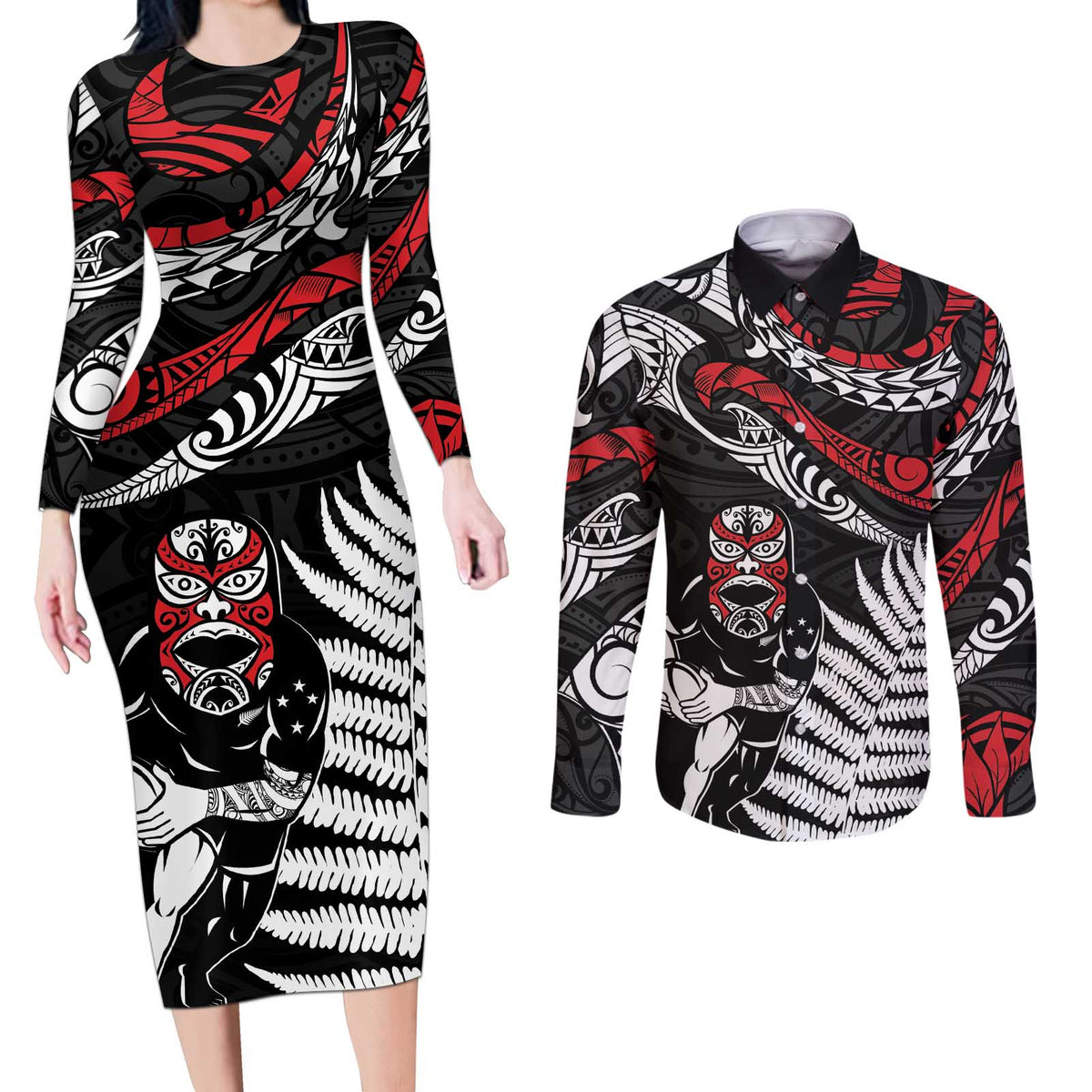 New Zealand Maori Rugby Personalised Couples Matching Long Sleeve Bodycon Dress and Long Sleeve Button Shirt Ta Moko Silver Fern LT7 Black - Polynesian Pride