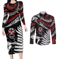 New Zealand Maori Rugby Personalised Couples Matching Long Sleeve Bodycon Dress and Long Sleeve Button Shirt Ta Moko Silver Fern LT7 Black - Polynesian Pride