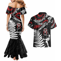 New Zealand Maori Rugby Personalised Couples Matching Mermaid Dress and Hawaiian Shirt Ta Moko Silver Fern LT7 - Polynesian Pride