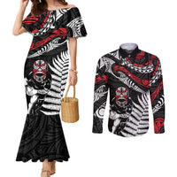 New Zealand Maori Rugby Personalised Couples Matching Mermaid Dress and Long Sleeve Button Shirt Ta Moko Silver Fern LT7 Black - Polynesian Pride