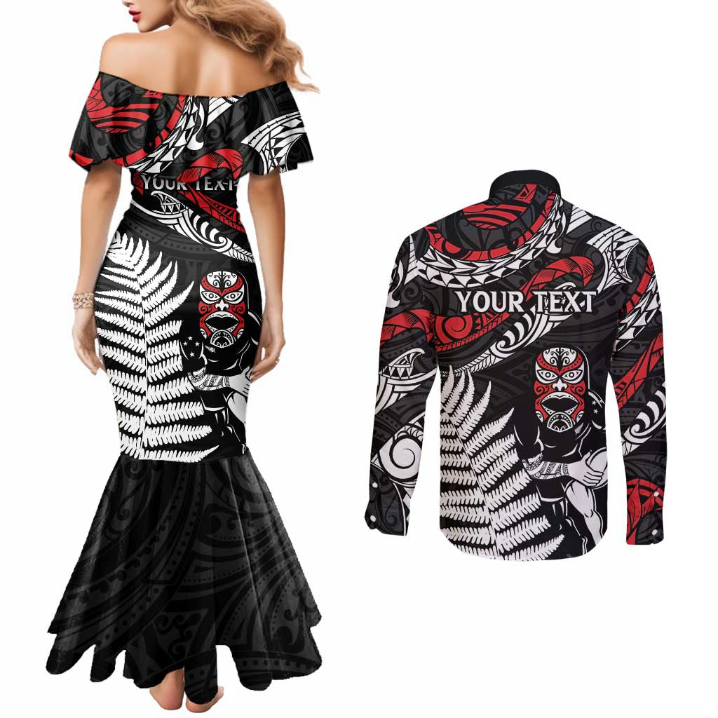 New Zealand Maori Rugby Personalised Couples Matching Mermaid Dress and Long Sleeve Button Shirt Ta Moko Silver Fern LT7 - Polynesian Pride