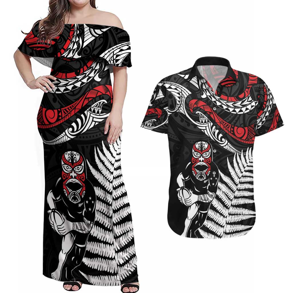 New Zealand Maori Rugby Personalised Couples Matching Off Shoulder Maxi Dress and Hawaiian Shirt Ta Moko Silver Fern LT7 Black - Polynesian Pride