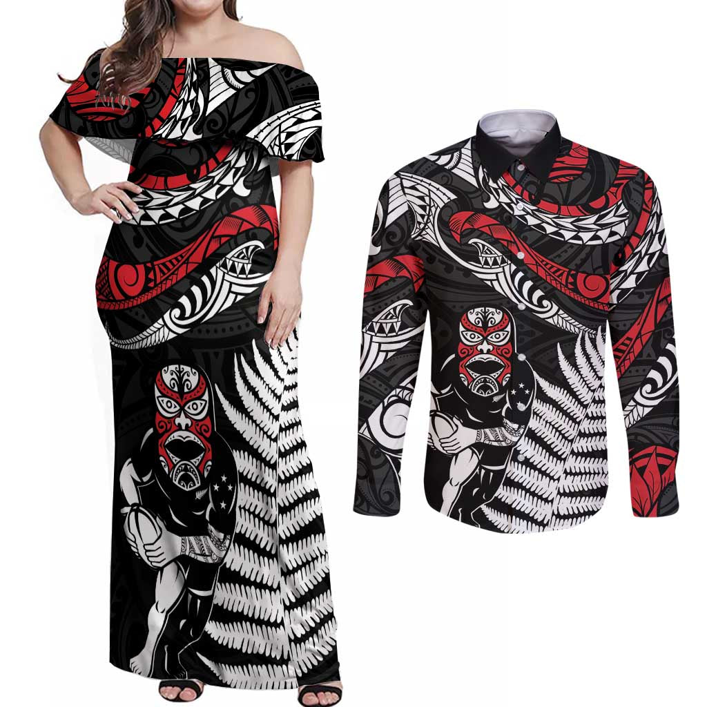 New Zealand Maori Rugby Personalised Couples Matching Off Shoulder Maxi Dress and Long Sleeve Button Shirt Ta Moko Silver Fern LT7 Black - Polynesian Pride
