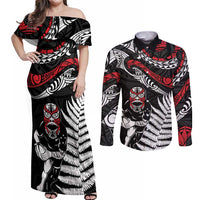 New Zealand Maori Rugby Personalised Couples Matching Off Shoulder Maxi Dress and Long Sleeve Button Shirt Ta Moko Silver Fern LT7 Black - Polynesian Pride