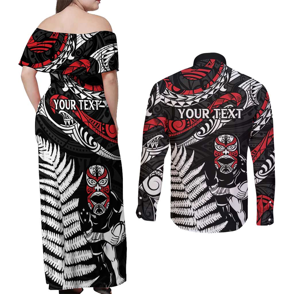 New Zealand Maori Rugby Personalised Couples Matching Off Shoulder Maxi Dress and Long Sleeve Button Shirt Ta Moko Silver Fern LT7 - Polynesian Pride