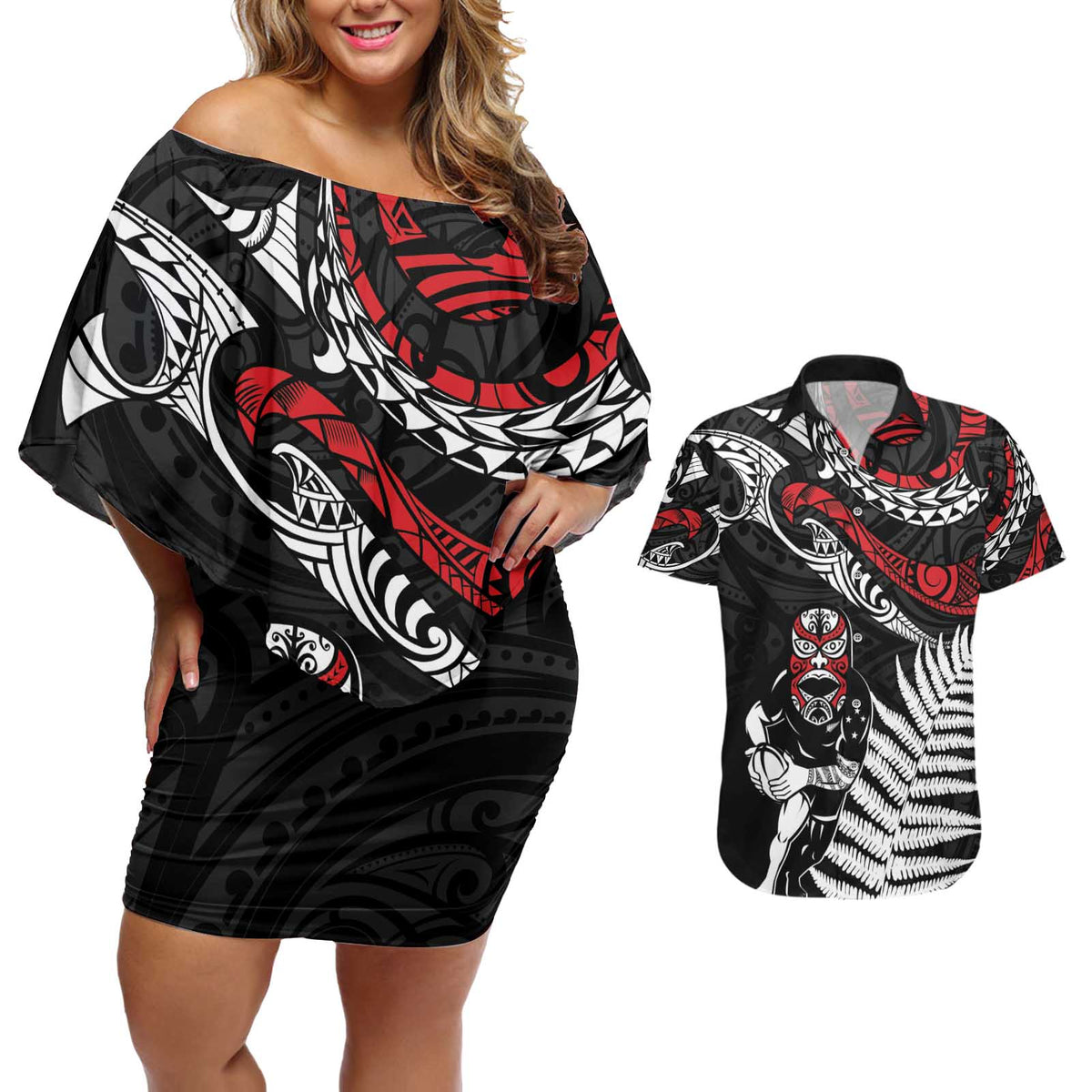 New Zealand Maori Rugby Personalised Couples Matching Off Shoulder Short Dress and Hawaiian Shirt Ta Moko Silver Fern LT7 Black - Polynesian Pride