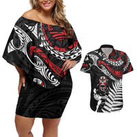 New Zealand Maori Rugby Personalised Couples Matching Off Shoulder Short Dress and Hawaiian Shirt Ta Moko Silver Fern LT7 Black - Polynesian Pride