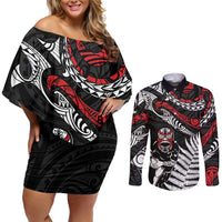 New Zealand Maori Rugby Personalised Couples Matching Off Shoulder Short Dress and Long Sleeve Button Shirt Ta Moko Silver Fern LT7 Black - Polynesian Pride