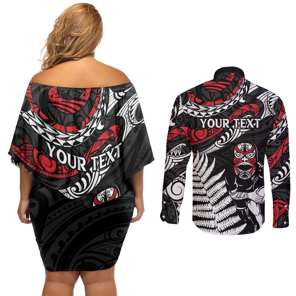 New Zealand Maori Rugby Personalised Couples Matching Off Shoulder Short Dress and Long Sleeve Button Shirt Ta Moko Silver Fern LT7 - Polynesian Pride