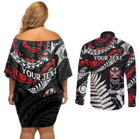New Zealand Maori Rugby Personalised Couples Matching Off Shoulder Short Dress and Long Sleeve Button Shirt Ta Moko Silver Fern LT7 - Polynesian Pride