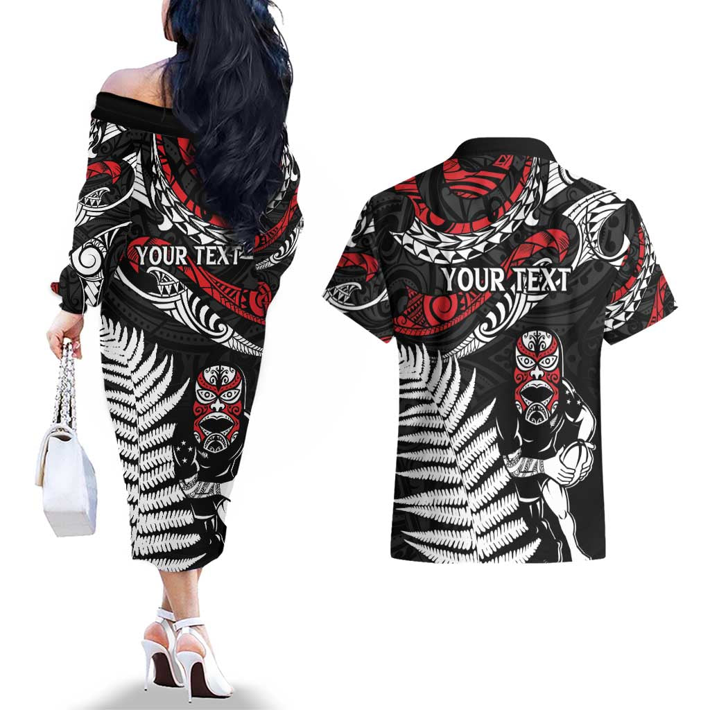 New Zealand Maori Rugby Personalised Couples Matching Off The Shoulder Long Sleeve Dress and Hawaiian Shirt Ta Moko Silver Fern LT7 - Polynesian Pride