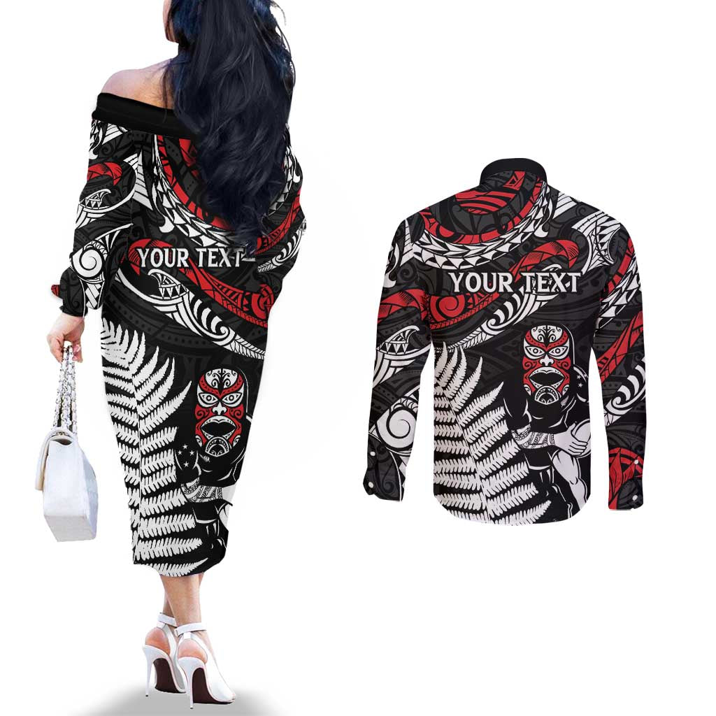 New Zealand Maori Rugby Personalised Couples Matching Off The Shoulder Long Sleeve Dress and Long Sleeve Button Shirt Ta Moko Silver Fern LT7 - Polynesian Pride