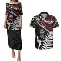 New Zealand Maori Rugby Personalised Couples Matching Puletasi and Hawaiian Shirt Ta Moko Silver Fern LT7 Black - Polynesian Pride