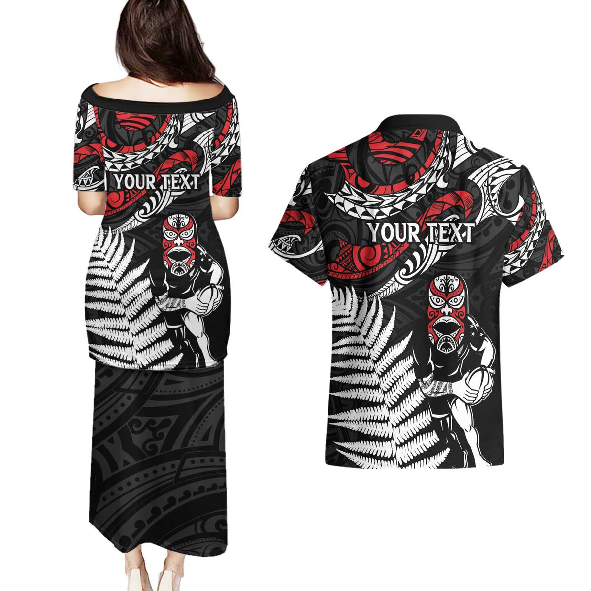 New Zealand Maori Rugby Personalised Couples Matching Puletasi and Hawaiian Shirt Ta Moko Silver Fern LT7 - Polynesian Pride