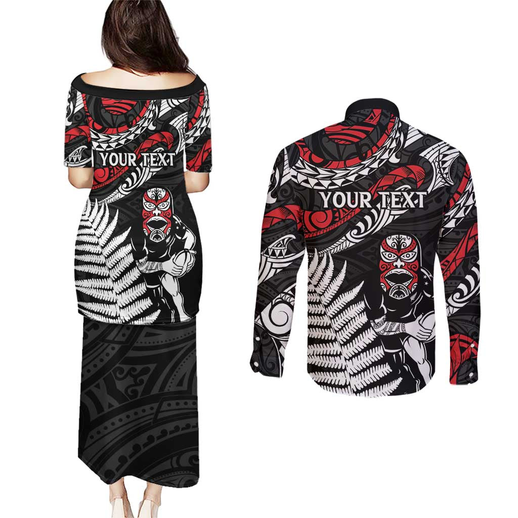 New Zealand Maori Rugby Personalised Couples Matching Puletasi and Long Sleeve Button Shirt Ta Moko Silver Fern LT7 - Polynesian Pride