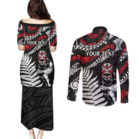 New Zealand Maori Rugby Personalised Couples Matching Puletasi and Long Sleeve Button Shirt Ta Moko Silver Fern LT7 - Polynesian Pride