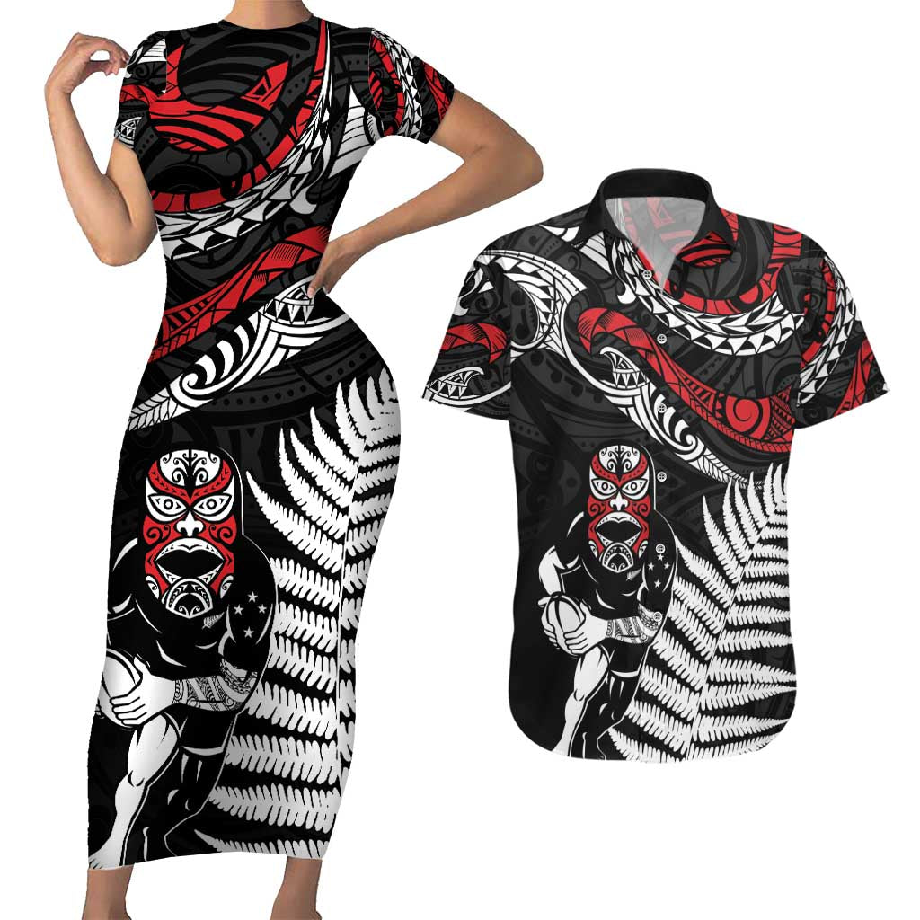 New Zealand Maori Rugby Personalised Couples Matching Short Sleeve Bodycon Dress and Hawaiian Shirt Ta Moko Silver Fern LT7 Black - Polynesian Pride