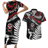New Zealand Maori Rugby Personalised Couples Matching Short Sleeve Bodycon Dress and Hawaiian Shirt Ta Moko Silver Fern LT7 Black - Polynesian Pride