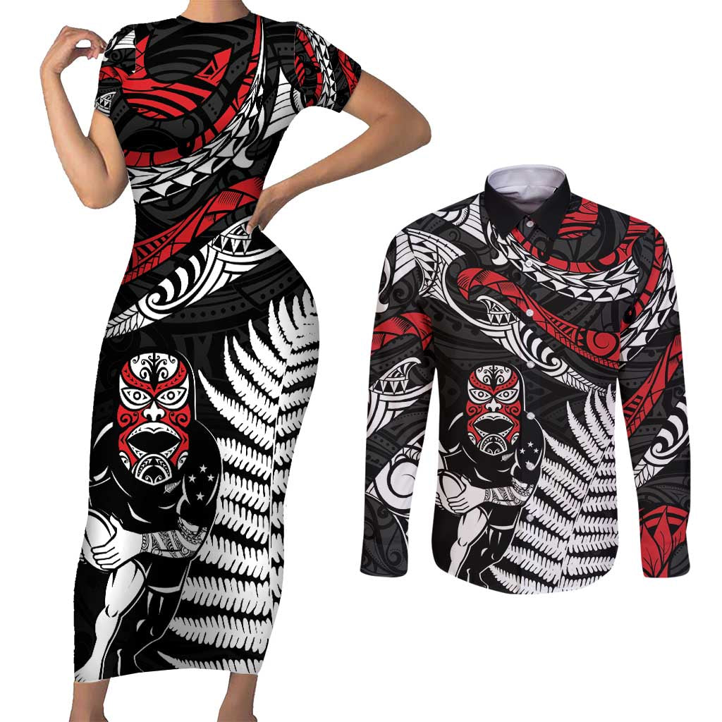 New Zealand Maori Rugby Personalised Couples Matching Short Sleeve Bodycon Dress and Long Sleeve Button Shirt Ta Moko Silver Fern LT7 Black - Polynesian Pride