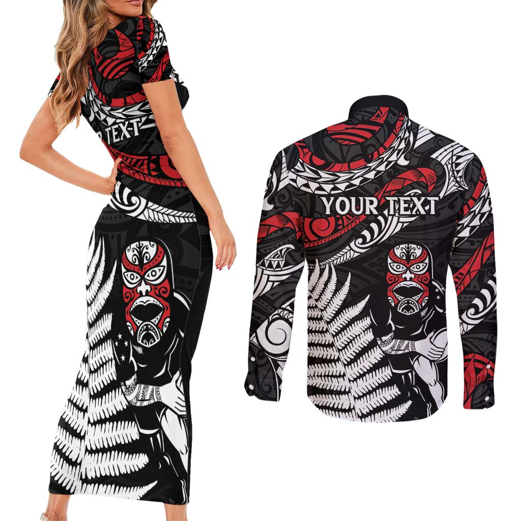New Zealand Maori Rugby Personalised Couples Matching Short Sleeve Bodycon Dress and Long Sleeve Button Shirt Ta Moko Silver Fern LT7 - Polynesian Pride