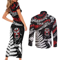 New Zealand Maori Rugby Personalised Couples Matching Short Sleeve Bodycon Dress and Long Sleeve Button Shirt Ta Moko Silver Fern LT7 - Polynesian Pride