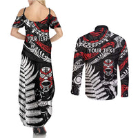 New Zealand Maori Rugby Personalised Couples Matching Summer Maxi Dress and Long Sleeve Button Shirt Ta Moko Silver Fern LT7 - Polynesian Pride