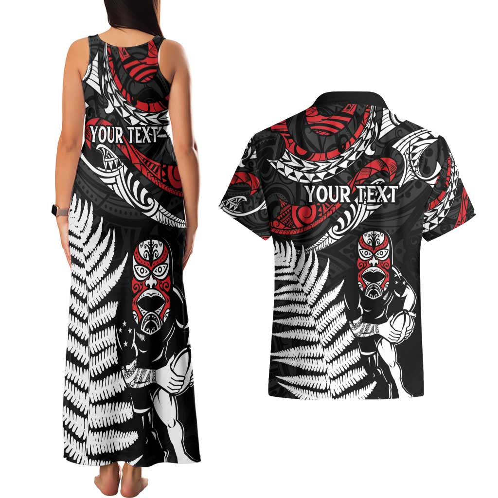 New Zealand Maori Rugby Personalised Couples Matching Tank Maxi Dress and Hawaiian Shirt Ta Moko Silver Fern LT7 - Polynesian Pride