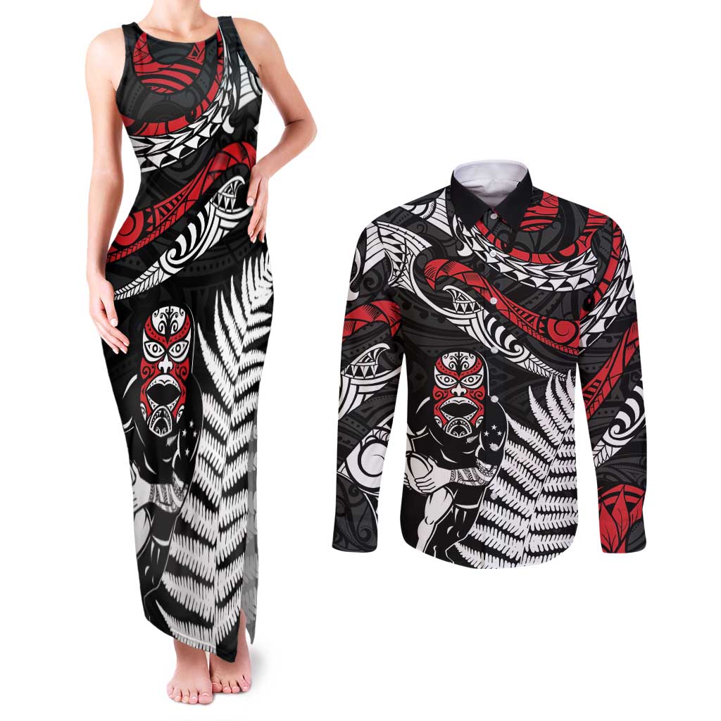 New Zealand Maori Rugby Personalised Couples Matching Tank Maxi Dress and Long Sleeve Button Shirt Ta Moko Silver Fern LT7 Black - Polynesian Pride