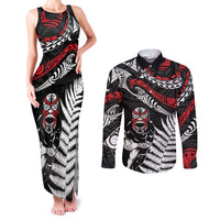 New Zealand Maori Rugby Personalised Couples Matching Tank Maxi Dress and Long Sleeve Button Shirt Ta Moko Silver Fern LT7 Black - Polynesian Pride