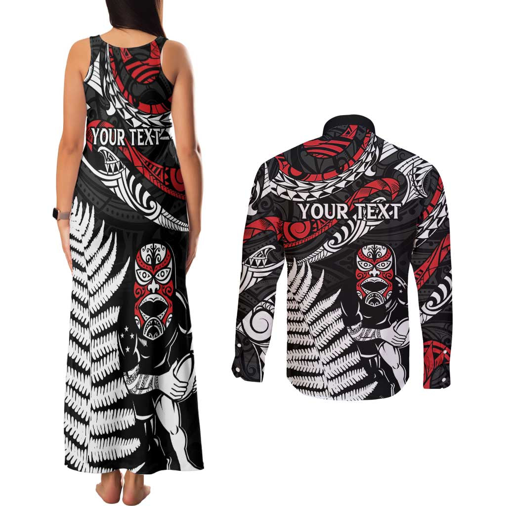 New Zealand Maori Rugby Personalised Couples Matching Tank Maxi Dress and Long Sleeve Button Shirt Ta Moko Silver Fern LT7 - Polynesian Pride