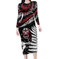 New Zealand Maori Rugby Personalised Family Matching Long Sleeve Bodycon Dress and Hawaiian Shirt Ta Moko Silver Fern LT7 Mom's Dress Black - Polynesian Pride