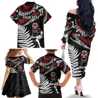 New Zealand Maori Rugby Personalised Family Matching Off The Shoulder Long Sleeve Dress and Hawaiian Shirt Ta Moko Silver Fern LT7 - Polynesian Pride