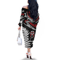 New Zealand Maori Rugby Personalised Family Matching Off The Shoulder Long Sleeve Dress and Hawaiian Shirt Ta Moko Silver Fern LT7 - Polynesian Pride