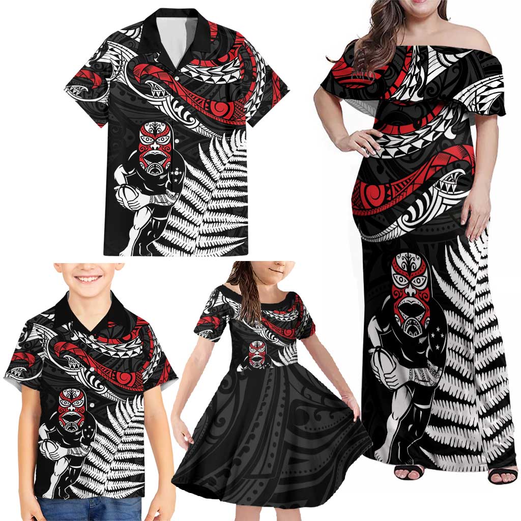 New Zealand Maori Rugby Personalised Family Matching Off Shoulder Maxi Dress and Hawaiian Shirt Ta Moko Silver Fern LT7 - Polynesian Pride